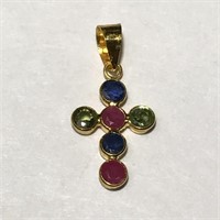18K Yellow gold sapphire and ruby cross pendant,