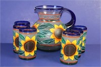 Sunflower Pattern Glass Pitcher & 6 Cups