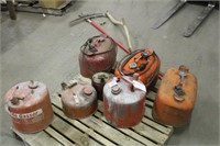 ASSORTED GAS CANS, MARINE GAS TANKS, SYTHE, AND