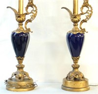 Pair Italian Cobalt Blue Ewer Lamps