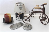 Decor Metal Tricycle, Pewter Coasters in Holder...
