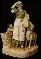 Antique French porcelain peasant girl w/  2 sheep