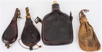 4 19th Century Antique Leather Black Powder Flasks