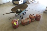WHEEL BARROW, WITH EXTRA WHEEL, (3) GAS CANS AND