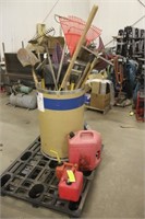 ASSORTED BROOMS AND GARDEN TOOLS, WITH (3) GAS CAN