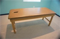 Wood and vinyl examination tables with face cut t
