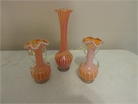 3 Swirled & fluted art glass vases