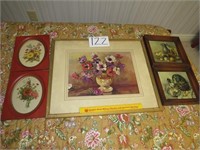 5 Vintage Prints w/Frames - 1 Large Floral