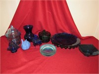Blue Glass:  (2) Lidded Jars, Candleholder, 12"