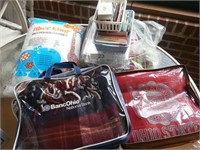 Group of sewing items and three stadium blankets