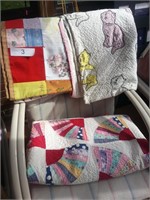 Three quilts; cats , fans, and a child's design