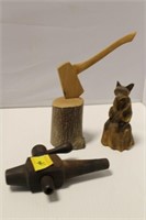 3 PCS. CARVED RACCOON, CARVED AX IN LOG, WOODEN