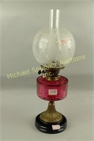 VICTORIAN ENGLISH CRANBERRY GLASS FONT OIL LAMP
