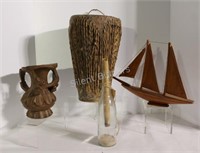 Vintage Drum, Hand Carved Wood Vase & Boat