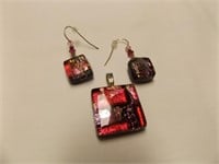 Pink glass earrings and pendant