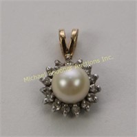 14K YELLOW WHITE GOLD PEARL AND DIAMOND PENDANT