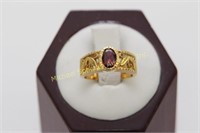 18K GOLD OVAL RUBY RING WITH LEAF SCULPTURED SHANK