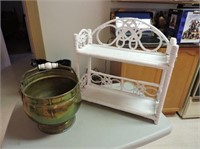 Wicker shelf & brass pot