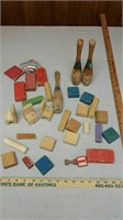 Lot of old wood toys, bowling pins, blocks, chairs