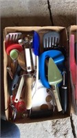 Two flats of miscellaneous kitchen utensils
