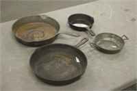 (3) CAST IRON FRYING PANS WITH TIN PAN