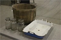 ENAMEL PAN WITH BASKET AND (3) FRUIT JARS