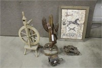 WOODEN SPINNING WHEEL, CACTUS STATUE, MYERS HAY