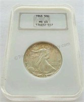 1945 Walking Liberty NGC MS 63 Half Dollar Coin