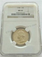 1940 Washington Quarter NGC MS 65 Graded Coin