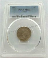 1913 Buffalo Nickel Type 1 PCGS MS62 Graded Coin