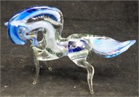 Clear Blue & White Blown Glass Horse Figurine 7"