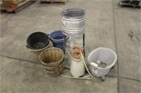 METAL WASH STAND WITH ASSORTED BUCKETS AND BASKETS