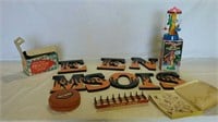 Wood letters, toy jewelry,iron and misc.