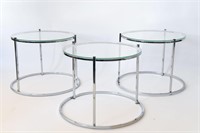 (3) CHROMED STEEL & GLASS STACKING SIDE TABLES