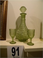 GREEN GLASS DECANTER WITH 2 STEMS 11"
