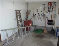 Lot, assorted yard tools, 7 ft. aluminum ladder,
