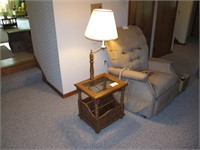 Oak beveled glass topped lamp table