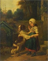 Victorian Oil Painting. Girl w/Dog