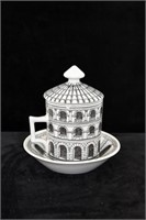 FORNASETTI PORCELAIN TEA CUP, SAUCER AND LID