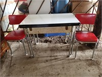 Enamel Top Table & 2 Red Chairs