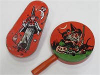US Metal Toy Mfg 2 Tin Halloween Witch Noisemakers