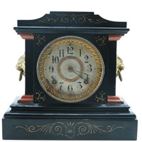 1882 "Ansonia" Ebony, Lion Head Mantle Clock