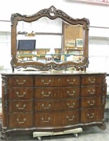 Ornate Dark Wood Dresser Serpentine Front w/Mirror