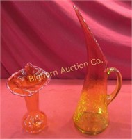 Crackle Glass Pitcher/ Vase, Orange Vase
