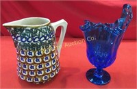 Blue Glass Vase, German Pitcher; 2 Piece Lot