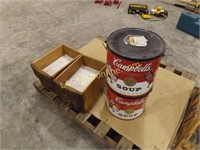 2 LARGE CAMPBELL'S SOUP TINS & 4 WOODEN DRAWERS