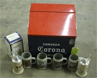CORONA COOLER WITH ASSORTED STEINS