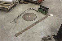 SYTHE WITH (2) VINTAGE SAW BLADES, AND TOOL BOX