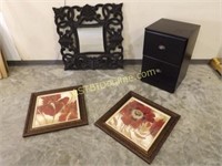 WOODEN 2 DRAWER FILE CABINET, MIRROR, WALL ART