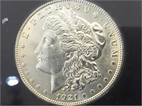 1921 Uncirculated Morgan Silver Dollar, cased